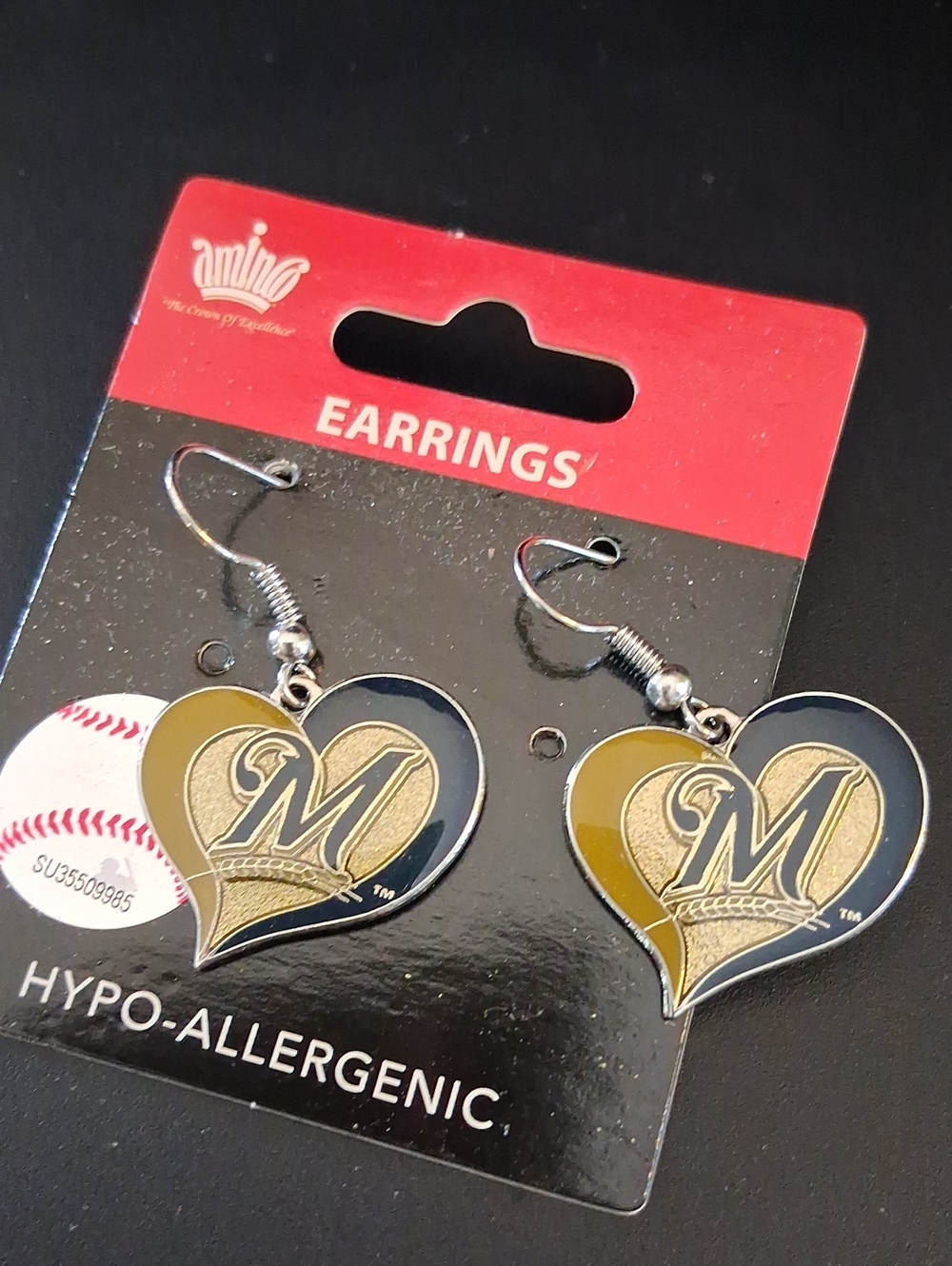 Aminco Milwaukee Brewers Heart Logo Gold and Navy Earrings